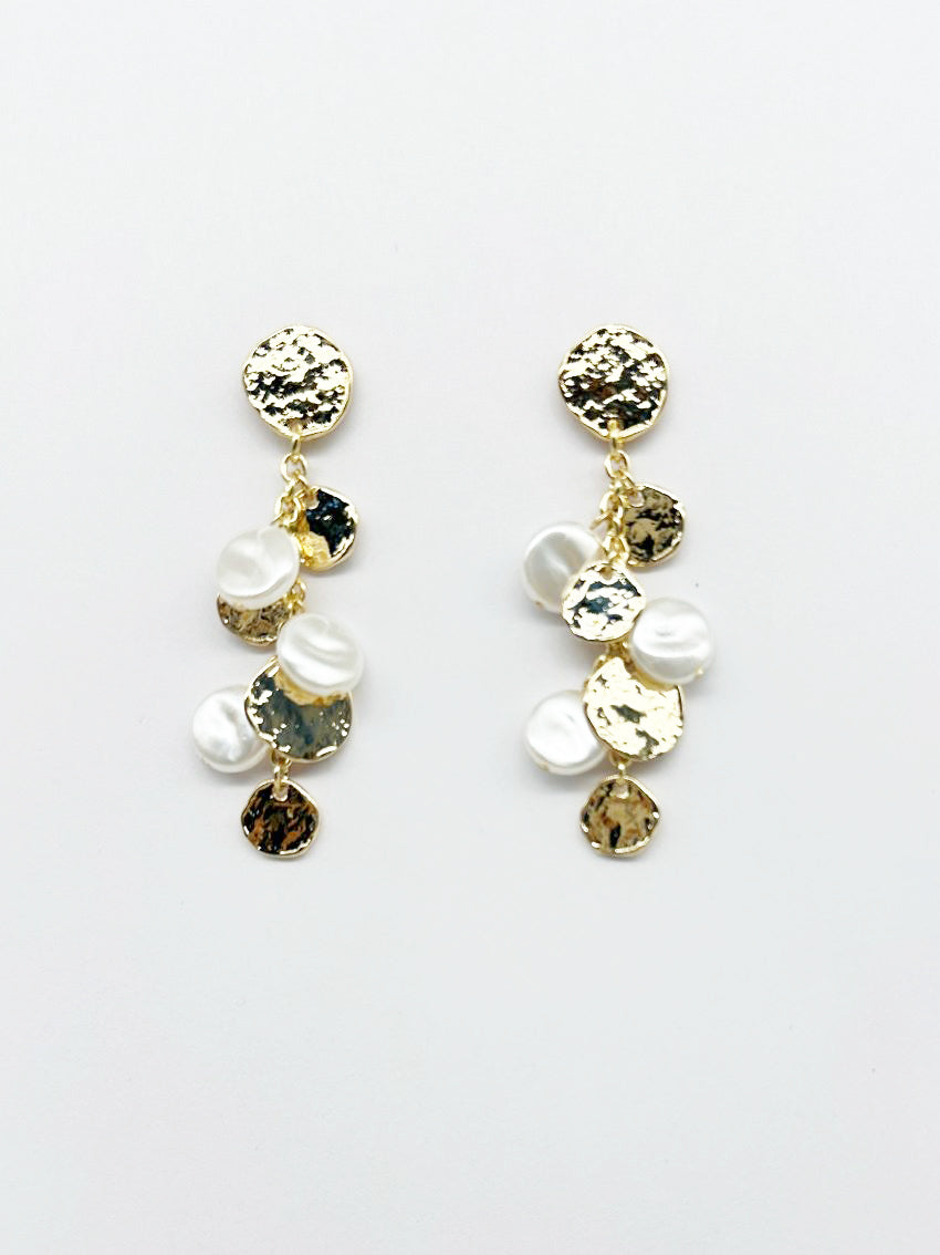 Gold Hammered Coin Stud with Gold and Pearl Drops 2.5" Earring