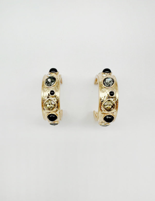 Gold Hammered Hoop with Black, Grey, and Clear Crystal 1.5" Earring