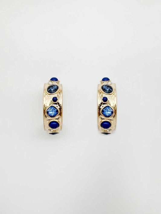 Gold Hammered 1.5" Hoop with Multi Blue Stone Accents
