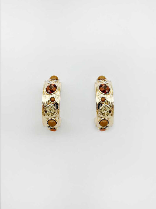 Gold Hammered 1.5" Hoop with Brown Stone Accents