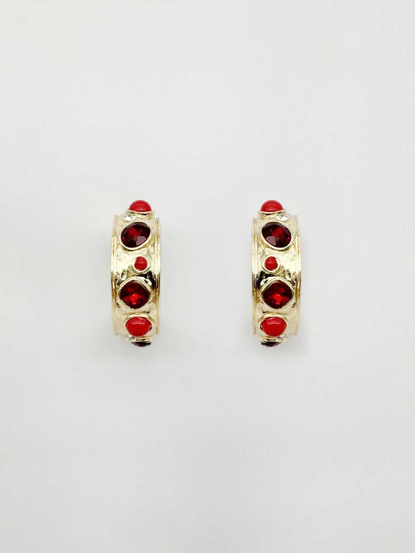 Gold Hammered 1.5" Hoop with Red Stone Accents