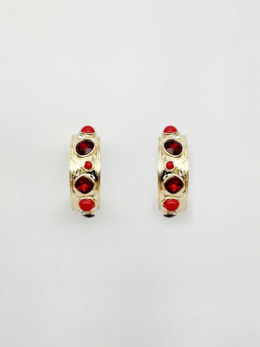 Gold Hammered 1.5" Hoop with Red Stone Accents
