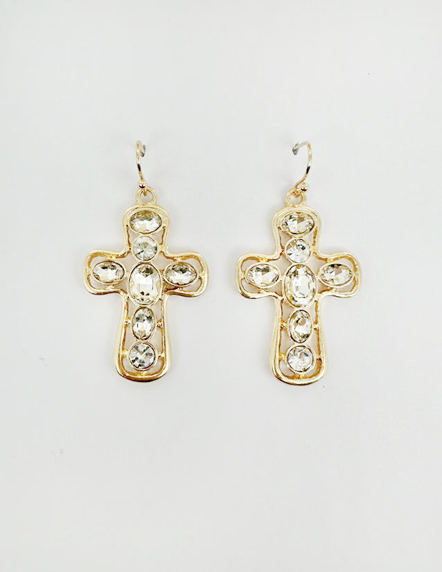 Gold Cross Earring with Rhinestone Studded 1.5" Earring