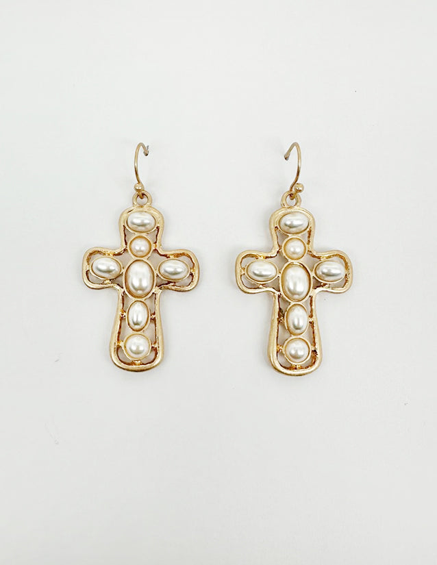 Gold Cross Earring with Pearl Studded 1.5" Earring