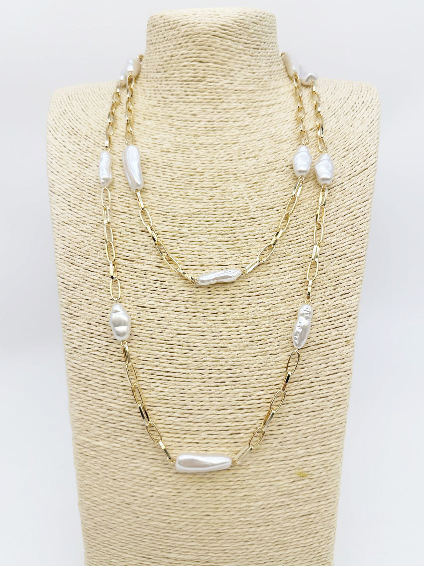 Gold Chain with Oval Pearl Layered 16"-18" Necklace