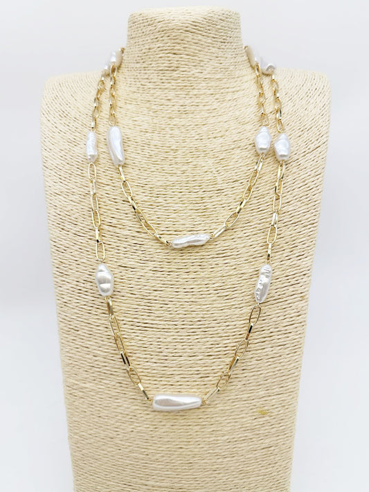 Gold Chain with Oval Pearl Layered 16"-18" Necklace