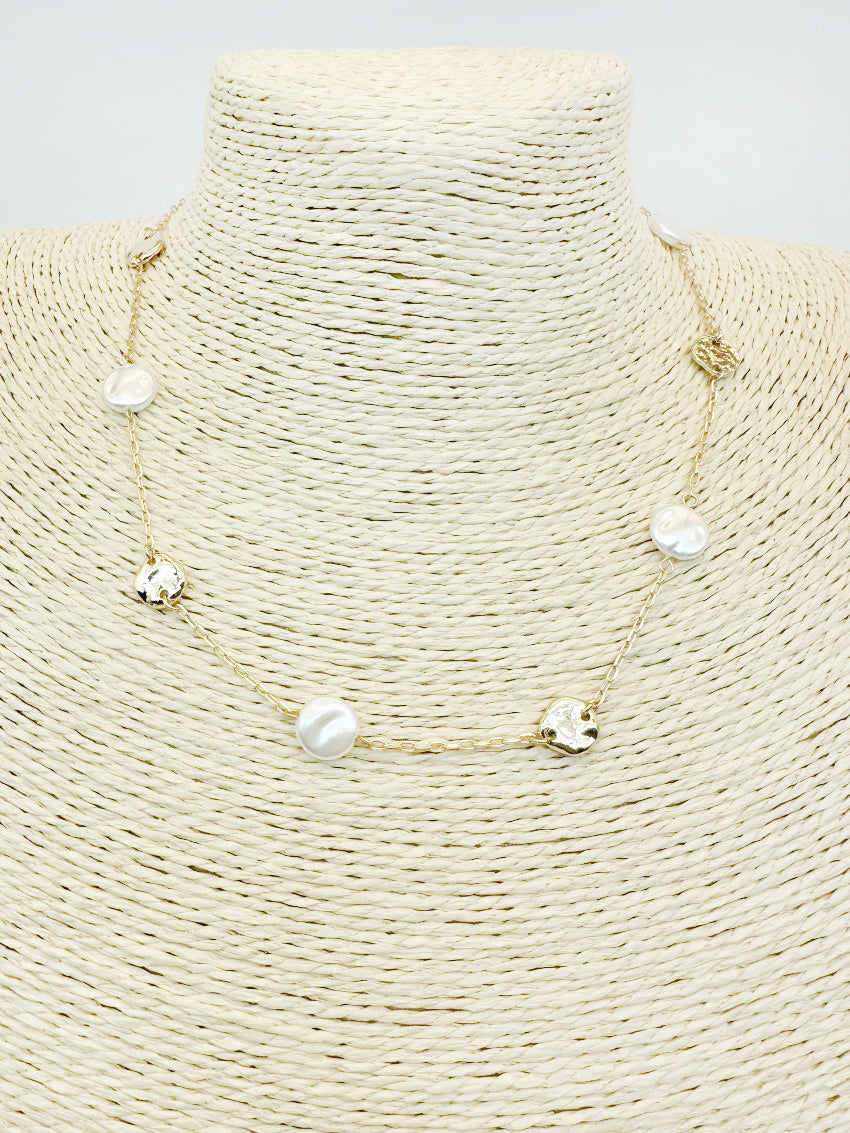 Hammered Gold Coin and Pearl 16"-18" Necklace