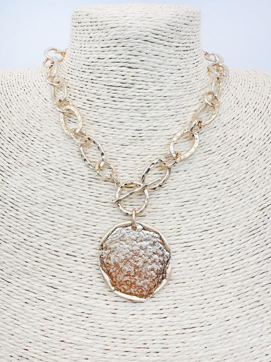 Open Gold Chain with Hammered Coin Charm 16"-18" Necklace