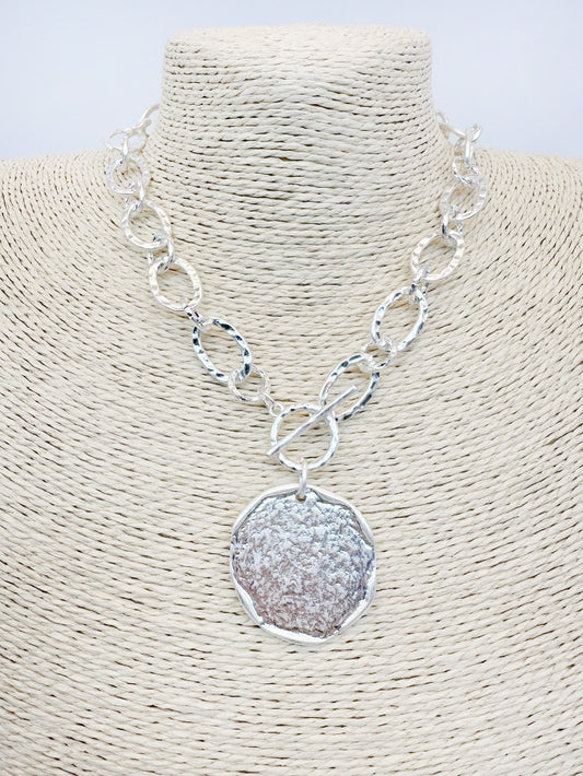 Open Silver Chain with Hammered Coin Charm 16"-18" Necklace
