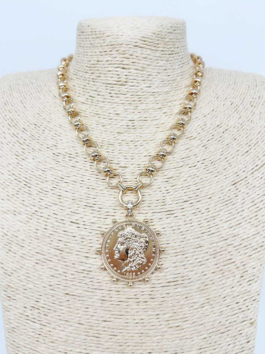 Gold Chain with Hammered Coin Charm 16"-18" Necklace
