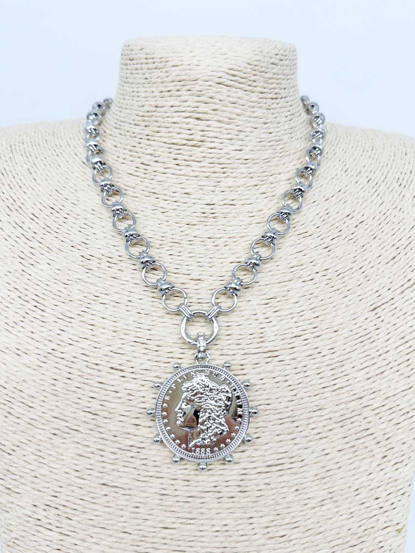 Silver Chain with Hammered Coin Charm 16"-18" Necklace