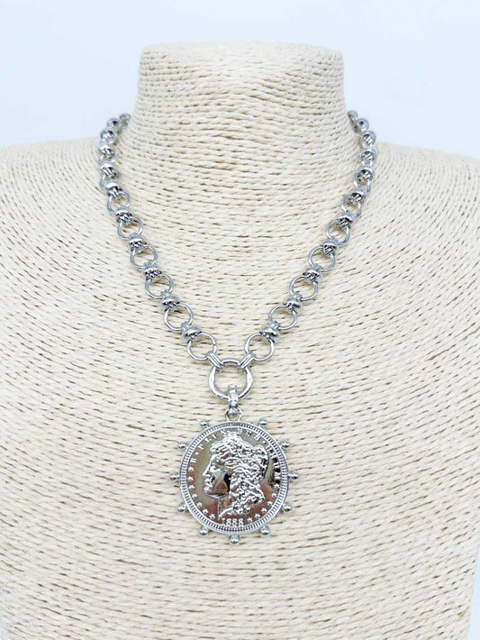 Silver Chain with Hammered Coin Charm 16"-18" Necklace