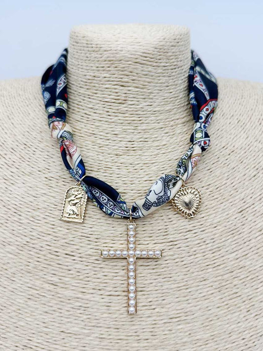 Navy with Reds and Cream with Pearl Cross, Heart, and Coin Knotted Scarf Necklace