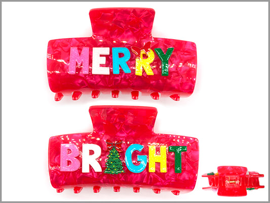 Merry and Bright on Hot Pink Acrylic Claw Clip
