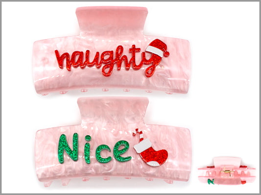 Naughty and Nice on Pink Acrylic Claw Clip