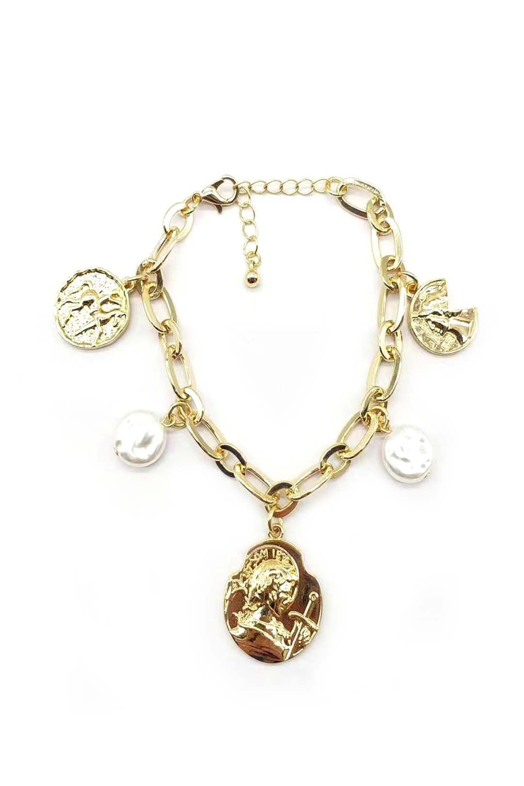 Gold Chain Bracelet with Coin Pearls Charms
