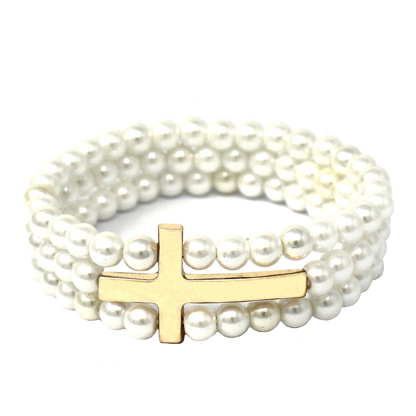 Pearl and Gold Three Row Cross Stretch Bracelet
