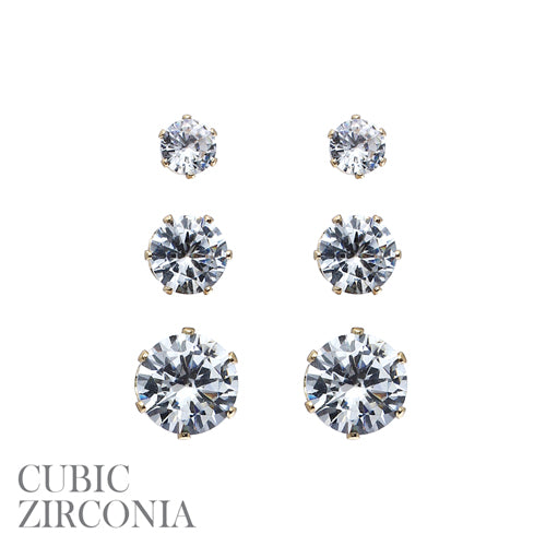 Set of 3 5/7/9MM with Gold Hardware Stud Earrings