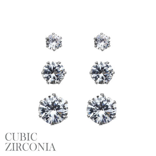 Set of 3 5/7/9MM with Silver Hardware Stud Earrings