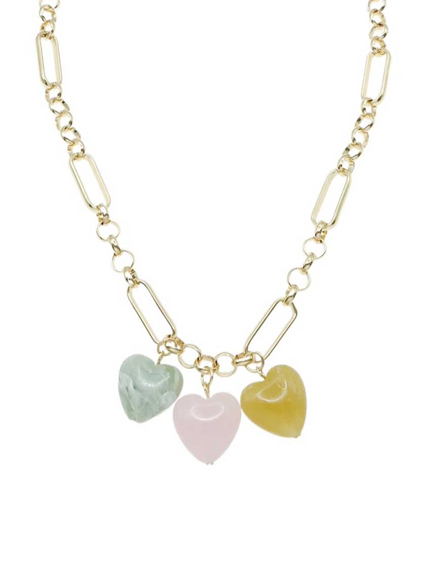 Gold Chain with Pink, Green, and Orange Acrylic Heart Charms 16"-18" Necklace