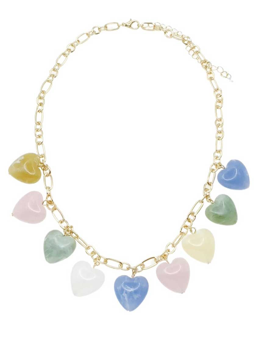 Gold Chain with Pink, Green, Blue and White Acrylic Heart on Gold Chain Charms 16"-18" Necklace