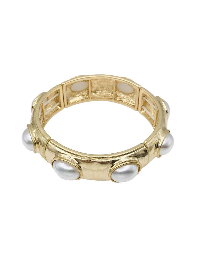 Pearl Oval Stone on Hammered Gold Stretch Bracelet