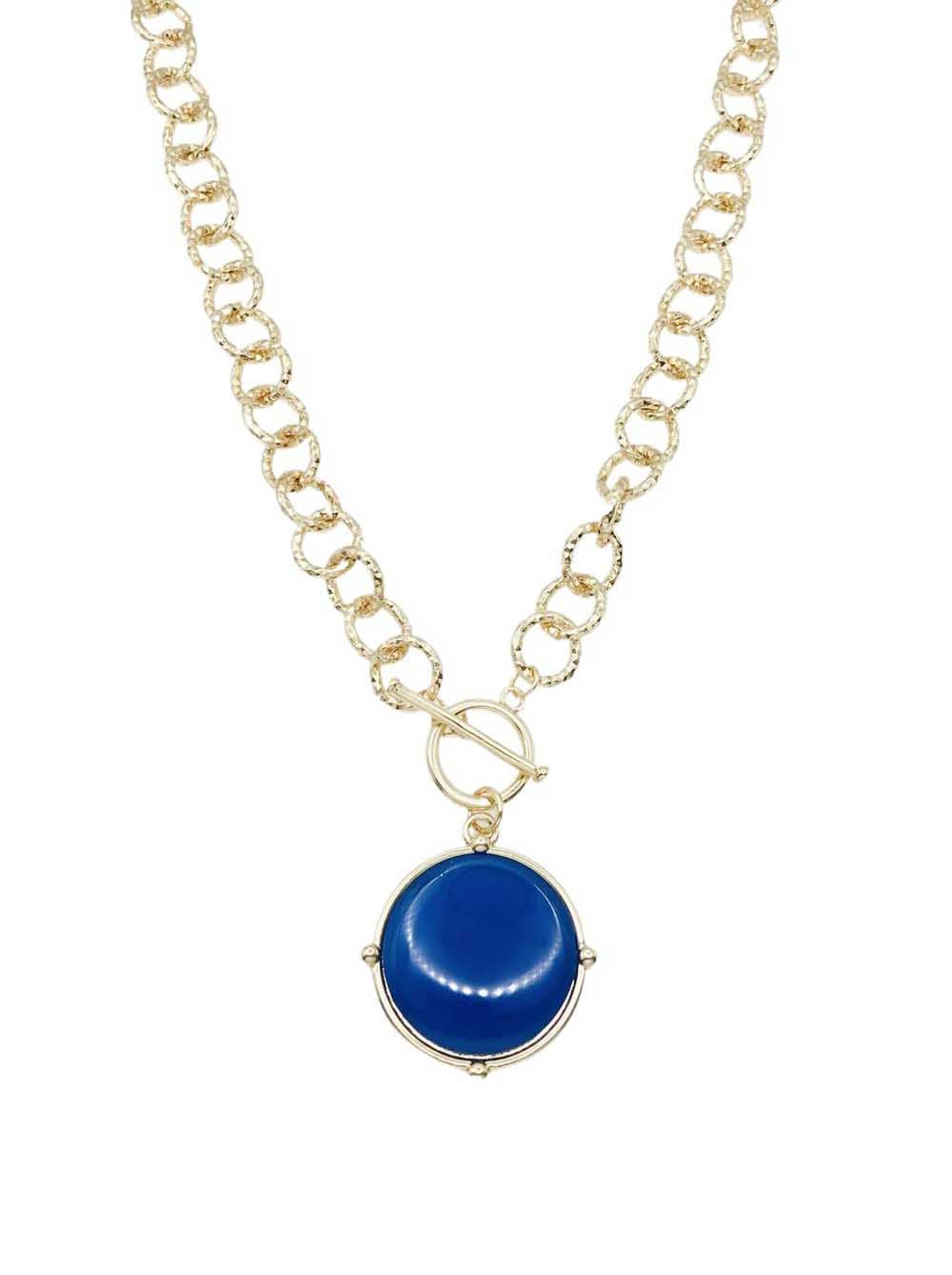 Gold Open Chain with Blue Circle Stone and Gold 16"-18" Necklace