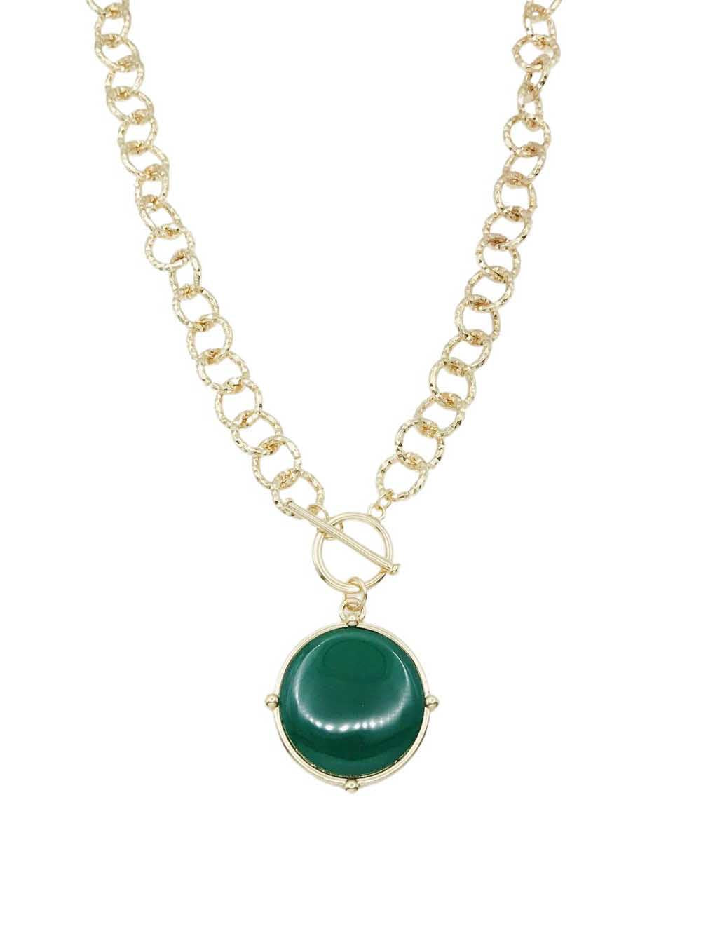Gold Open Chain with Green Circle Stone and Gold 16"-18" Necklace