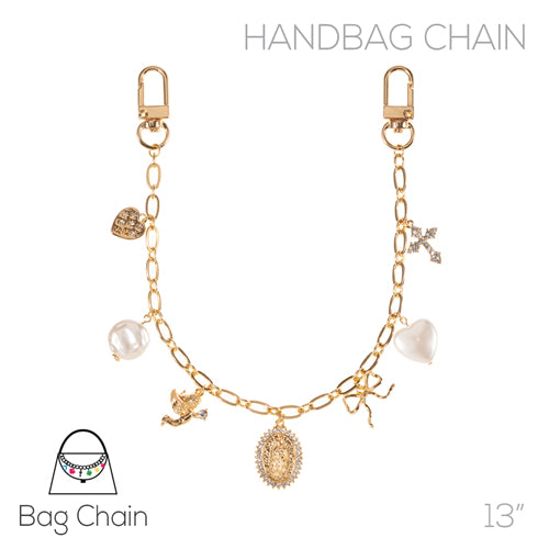Gold Chain with Pearl, Heart, Bow Purse Charms