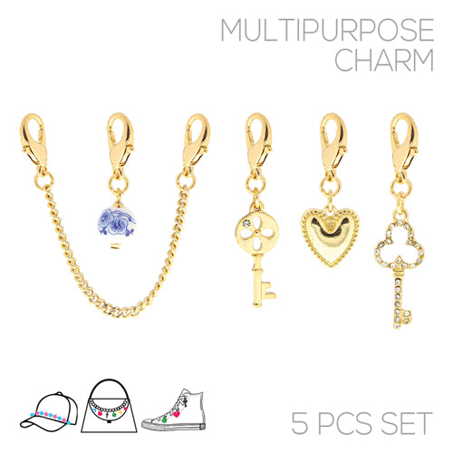 Gold Heart, Key, and Chain Set of 6 Bag Charm Attachments