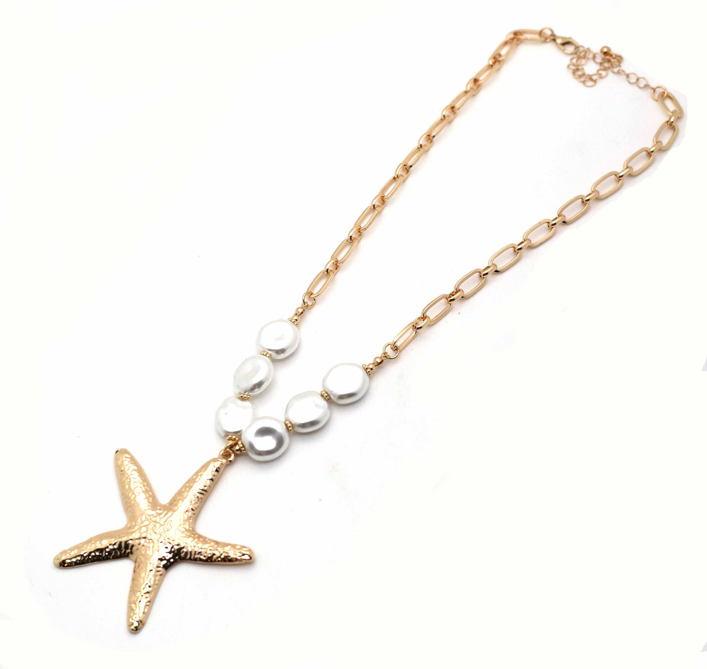 Gold Chain with FreshwaterPearl and Studded Gold Starfish Charm 16"-18" Necklace
