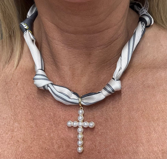 Grey and White Knotted Scarf with Pearl Bubble Cross Removable Charm Necklace