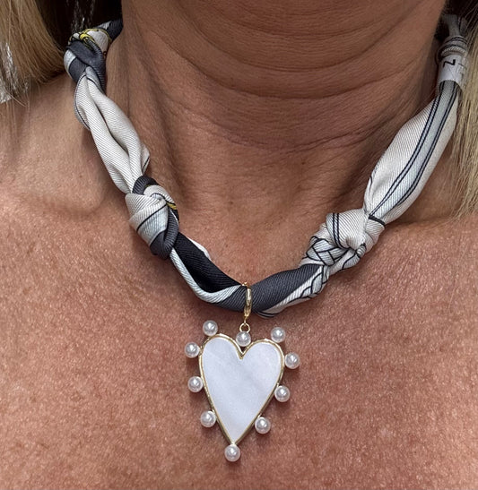 Grey and White Knotted Scarf with Pearlized Heart Removable Charm Necklace