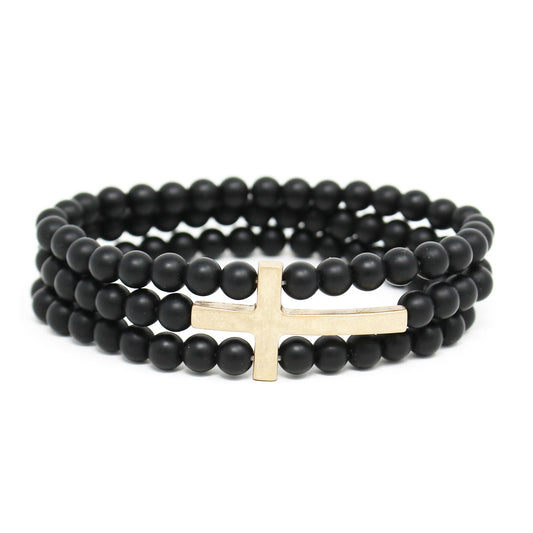 Black Natural Stone and Gold Three Row Cross Stretch Bracelet