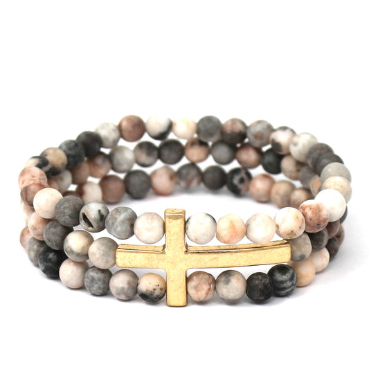 Pink Natural Stone and Gold Three Row Cross Stretch Bracelet