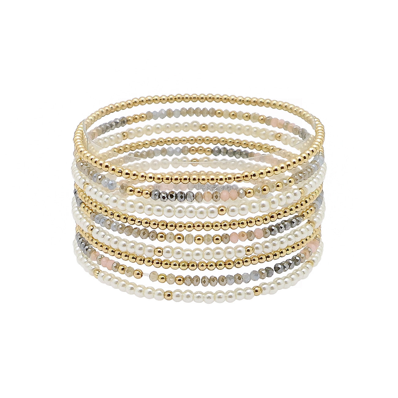 1mm Gold Beaded and Multi Grey Crystal Set of 9 Stretch Bracelets