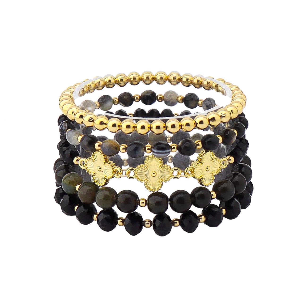 Set of 5 Gold, Black Natural Stone, and Gold Clover Stretch Bracelet Set