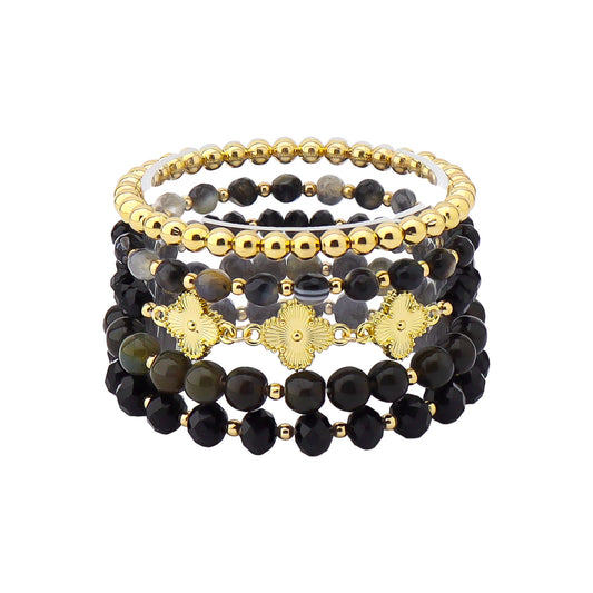 Set of 5 Gold, Black Natural Stone, and Gold Clover Stretch Bracelet Set