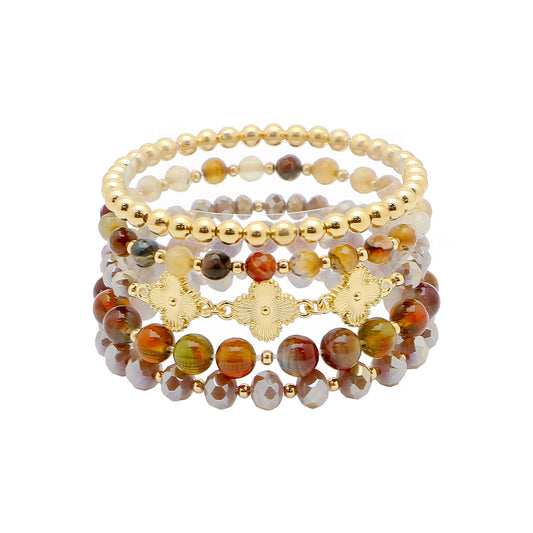 Set of 5 Gold, Brown Natural Stone, and Gold Clover Stretch Bracelet Set