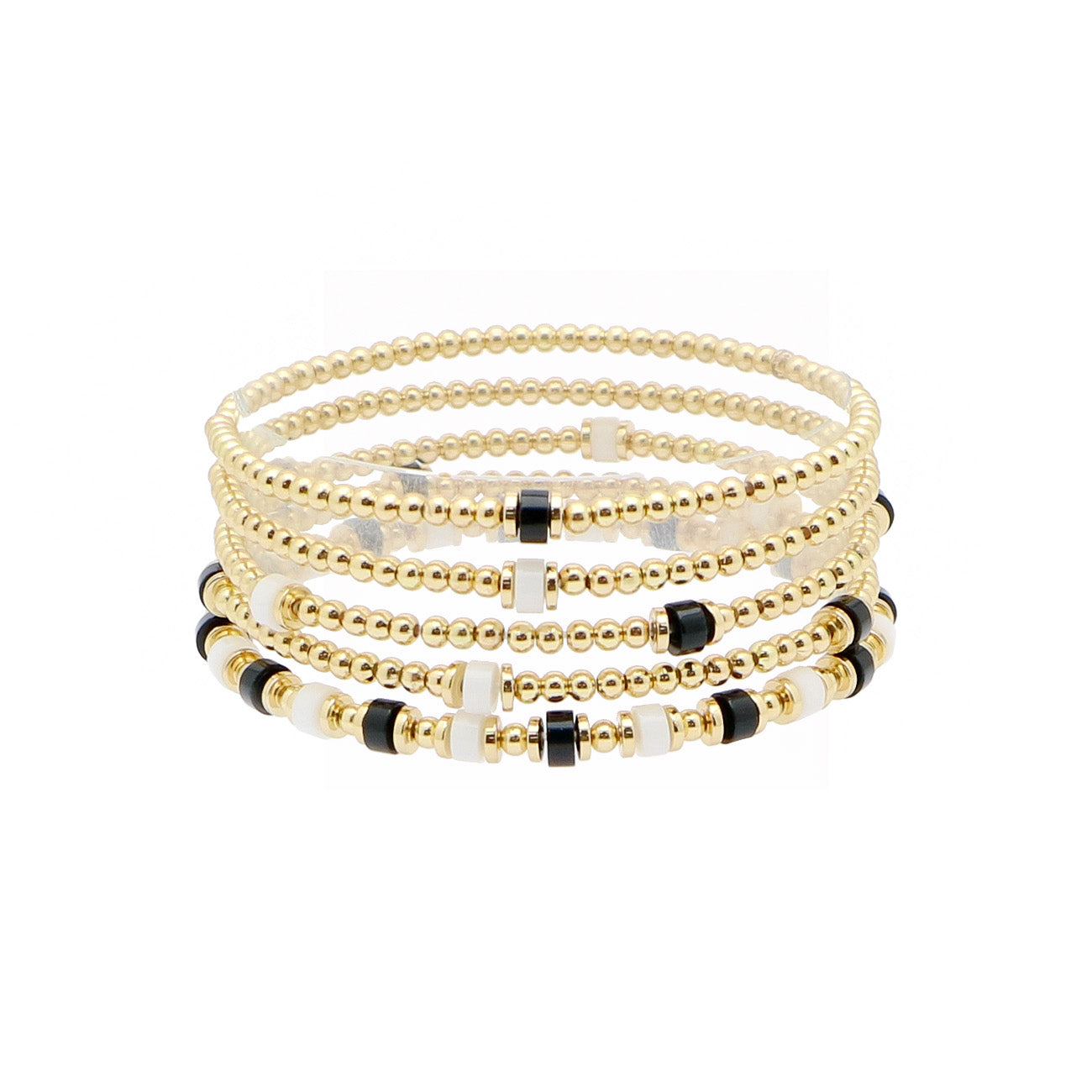 Black and White Crystal Beaded and 2mm Gold CCB Beaded Set of 5 Stretch Bracelets