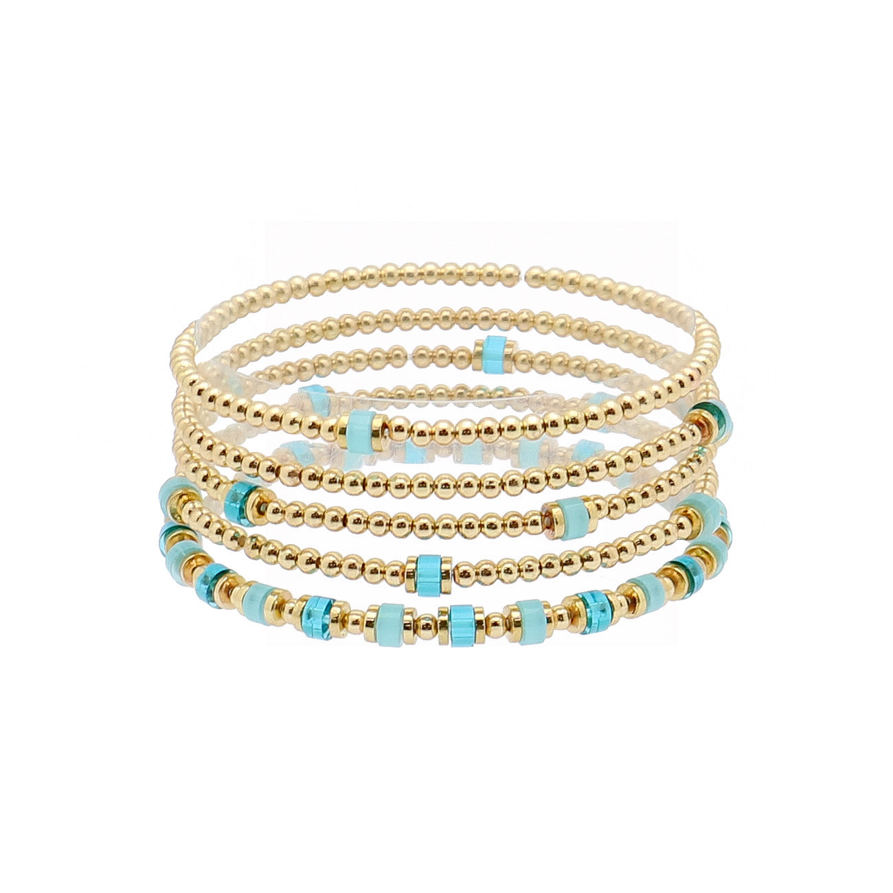 Turquoise Crystal Beaded and 2mm Gold CCB Beaded Set of 5 Stretch Bracelets