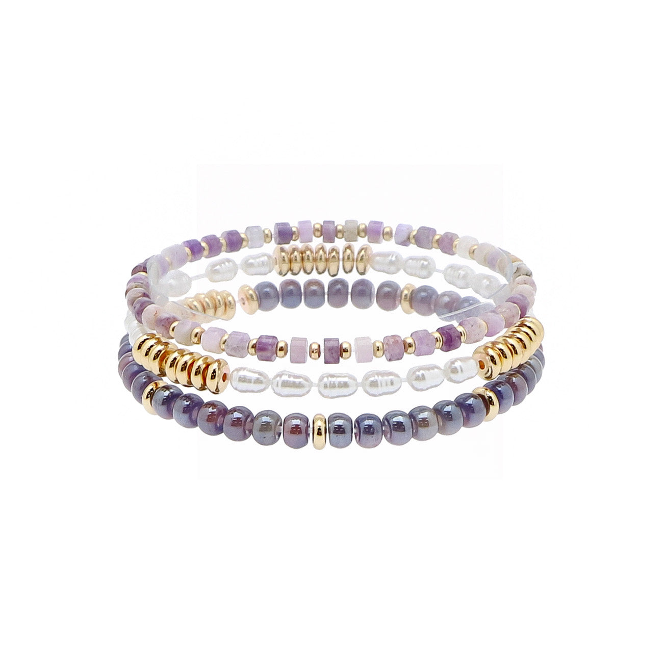 Deep Lavender "Candy" Beaded Bracelets and Pearl Set of 3 Stretch Bracelets