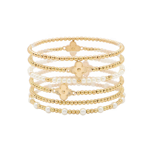 Set of 6 Gold and Pearl with Gold Clovers Stretch Bracelet Set