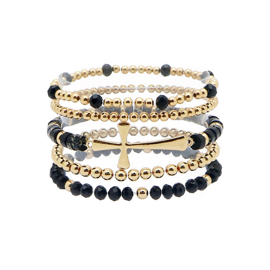Set of 5 Gold, Black Crystal, and Gold Cross Stretch Bracelet Set