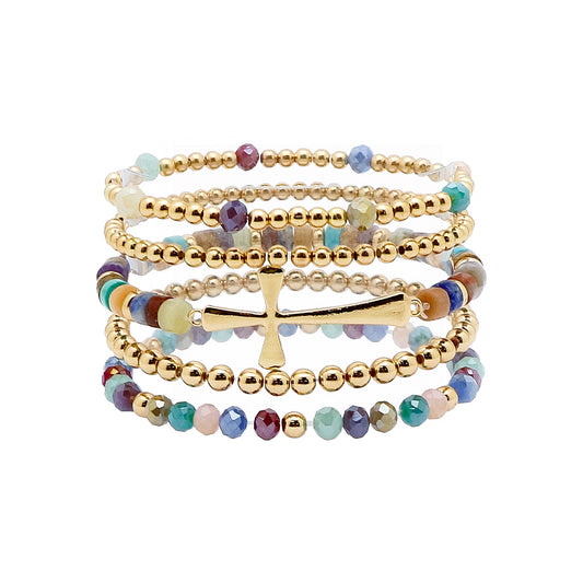 Set of 5 Gold, Multi Crystal, and Gold Cross Stretch Bracelet Set