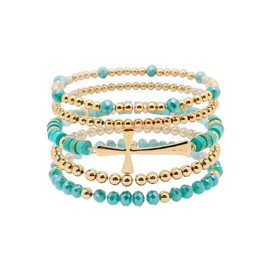 Set of 5 Gold, Turquoise Crystal, and Gold Cross Stretch Bracelet Set
