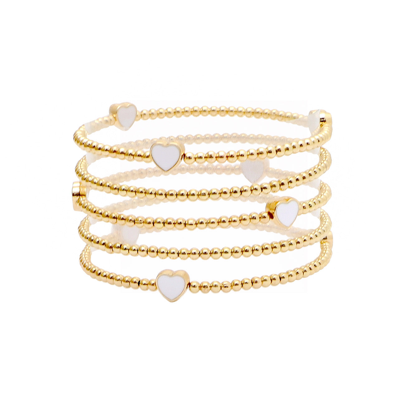 Set of 5 White Heart and Gold Beaded Stretch Bracelets