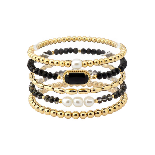 Set of 5 Black Crystal, Pearl, and Gold Stretch Bracelets