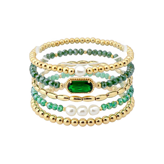 Set of 5 Green Crystal, Pearl, and Gold Stretch Bracelets