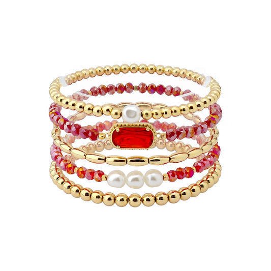 Set of 5 Red Crystal, Pearl, and Gold Stretch Bracelets